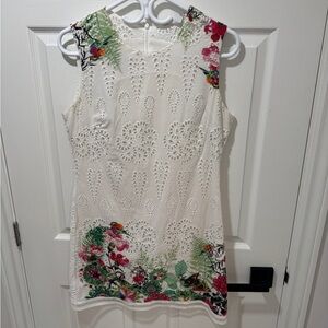 Desigual -  Sleeveless Dress, Floral Motifs, Eyelet Fabric, Size 40